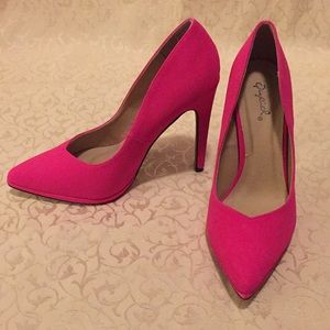 Qupid Pink Pointy Heels Gold Sole